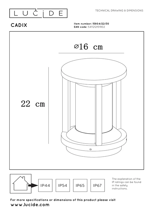 Lucide CADIX - Borne extérieur - Ø 16 cm - 1xE27 - IP65 - Noir - technique